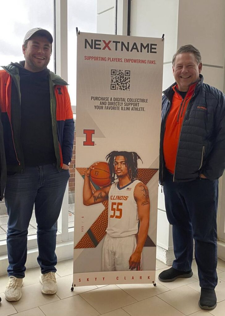 Steve Thayer (right) and his son Ryan Thayer founded NextName to sell digital collectible images of college athletes and teams, which provide a financial support to players.
